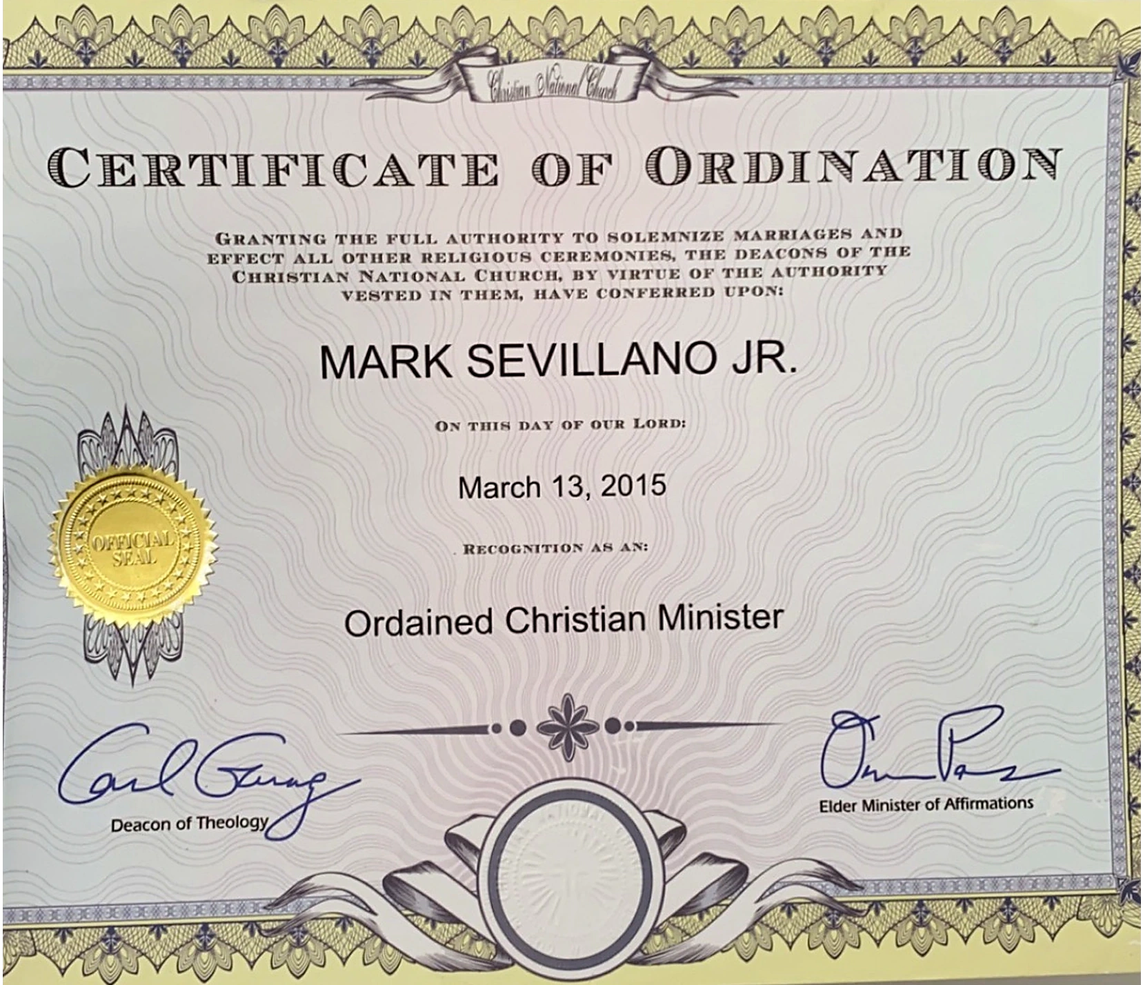 Full color ordination certificate for Mark Sevillano Jr., dated March 13, 2015